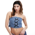 Reclaimed Vintage Revived x Glass Onion denim bandeau corset top with bows-Blue