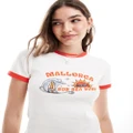 ASOS DESIGN waffle ringer baby tee with mallorca graphic in cream-White