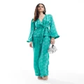 Y.A.S satin wide leg pants in teal jacquard floral (part of a set)-Blue