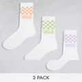 Vans classic check crew 3 pack socks in white with green, purple or red detail-Multi