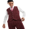 ASOS DESIGN skinny suit waistcoat in burgundy tonal check-Red