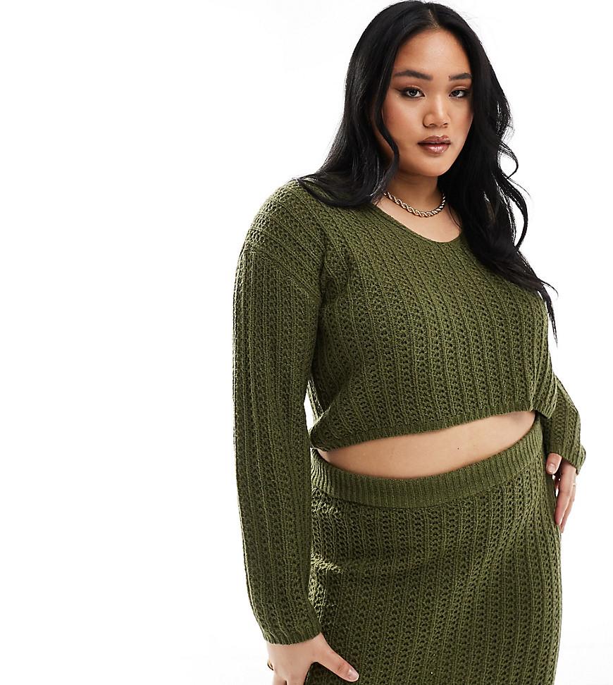 ASOS DESIGN Curve knitted v neck crop jumper in open stitch in khaki (part of a set)-Green