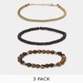 ASOS DESIGN 3 pack semi-precious bead and chain bracelet set in brown tone