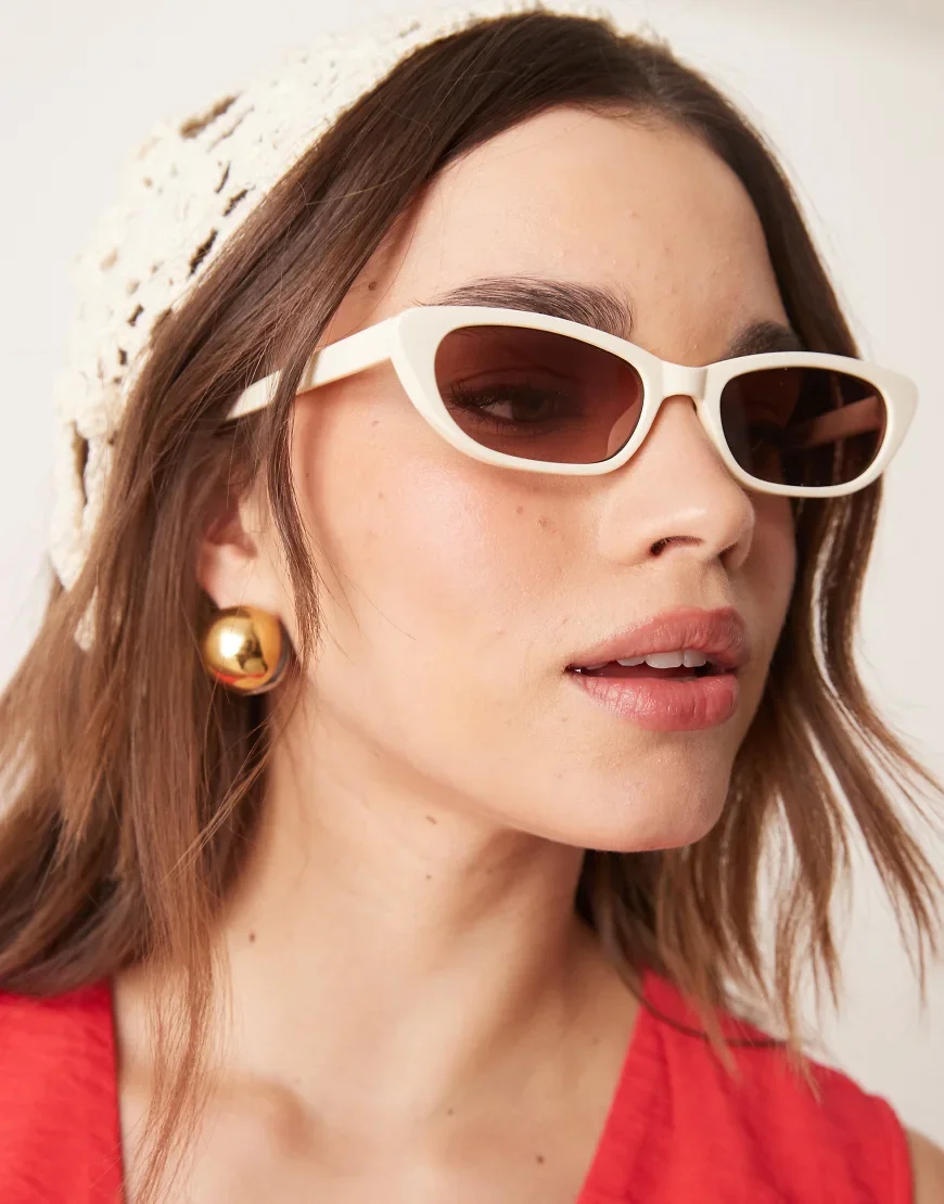ASOS DESIGN narrow cat eye sunglasses in shiny white