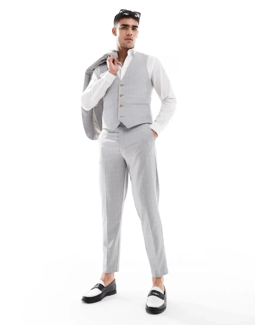 ASOS DESIGN linen look tapered suit pants in grey tonal check