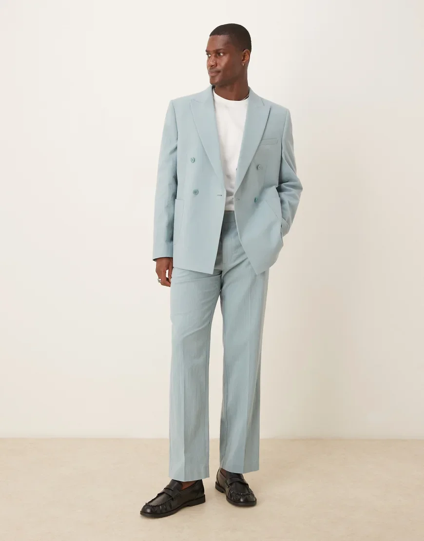 ASOS DESIGN straight suit pants in light blue crinkle texture