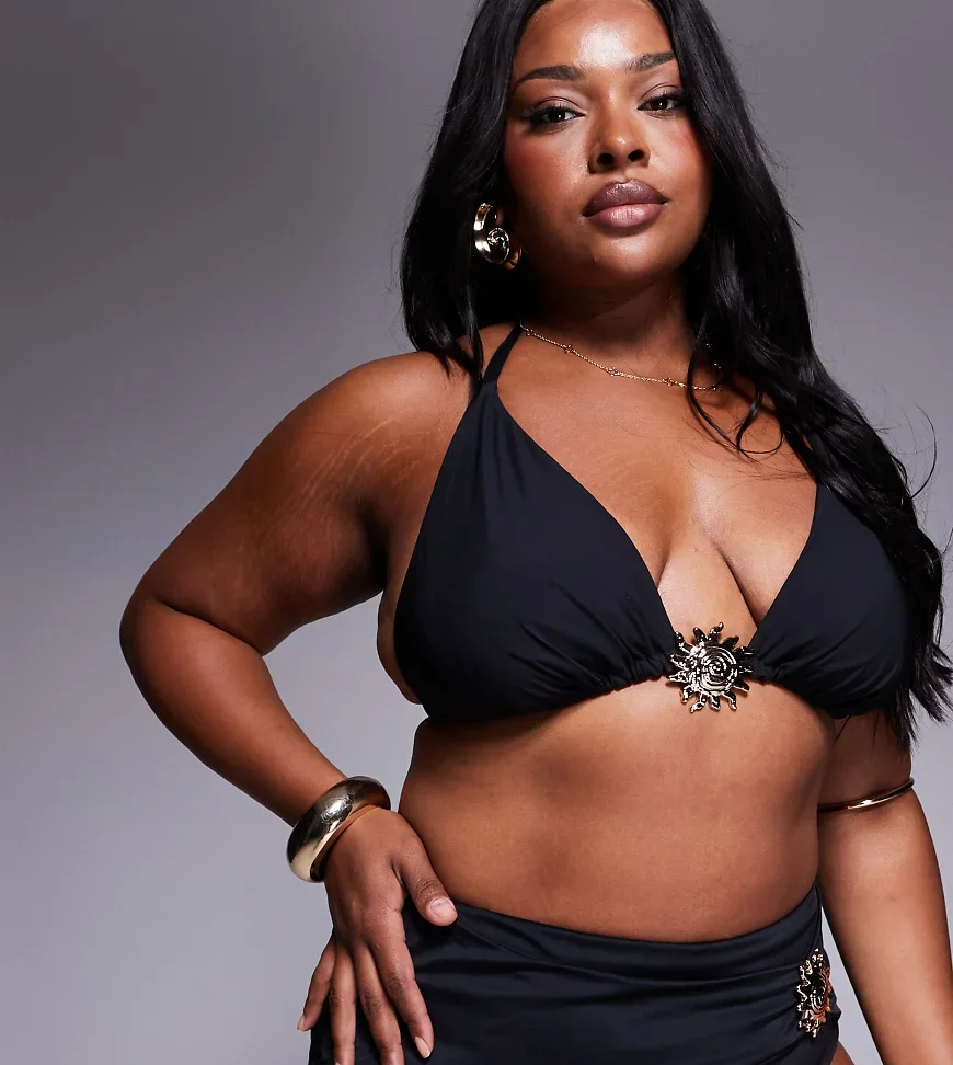 ASOS DESIGN Curve Celina bikini top with swirl trim-Black