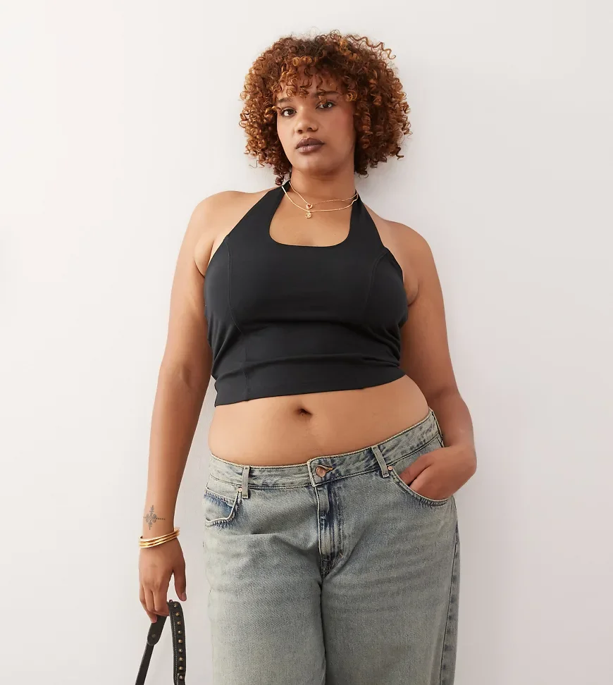 COLLUSION Plus halter top with piping detail in black