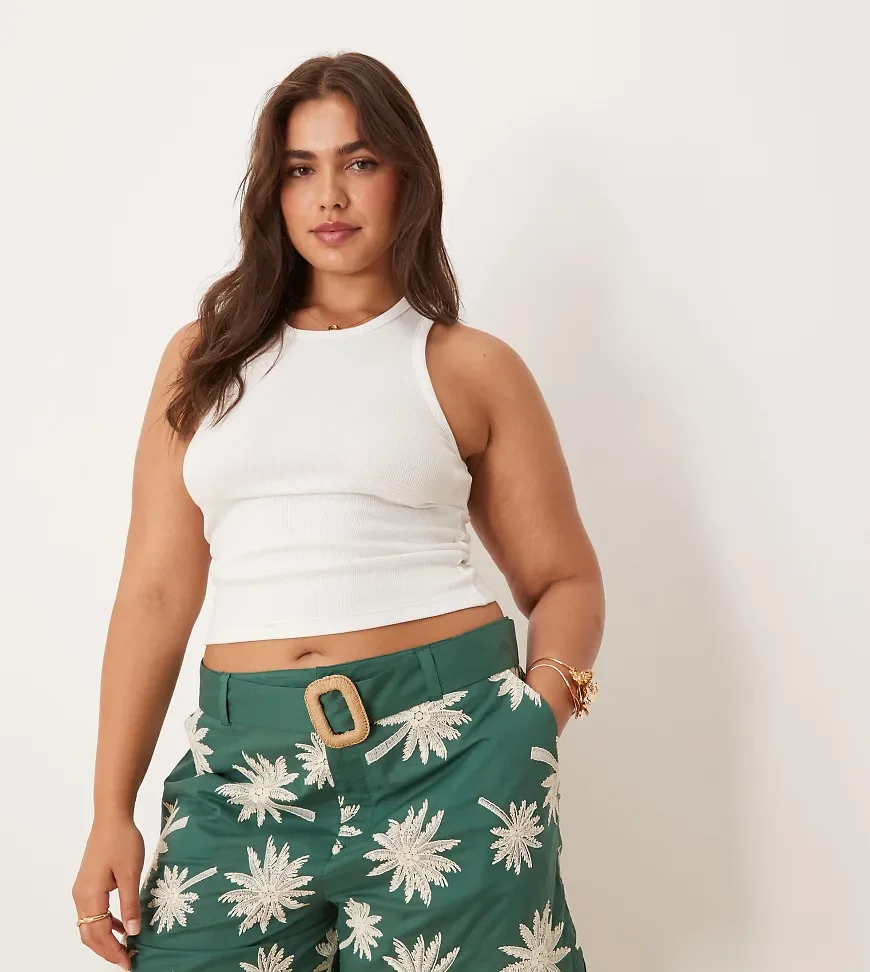 ASOS DESIGN Curve runner shorts with embroidery and belt detail in green
