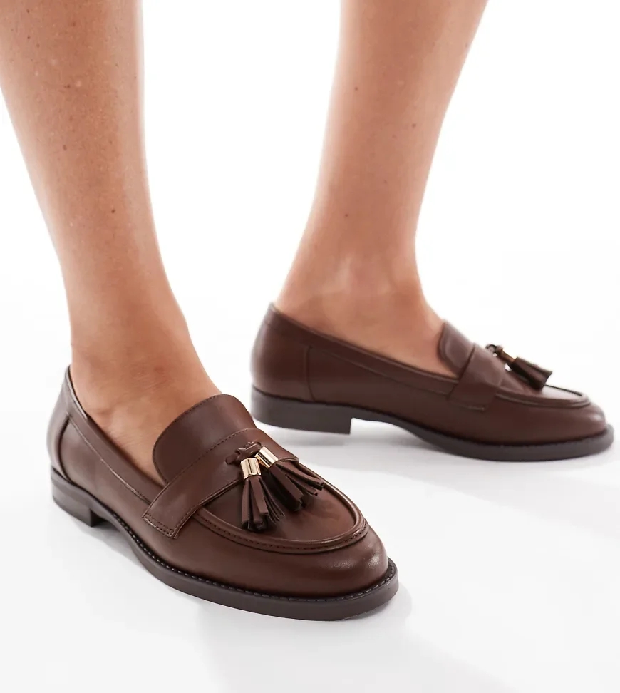 London Rebel Wide Fit Amelia tassel penny loafers in brown