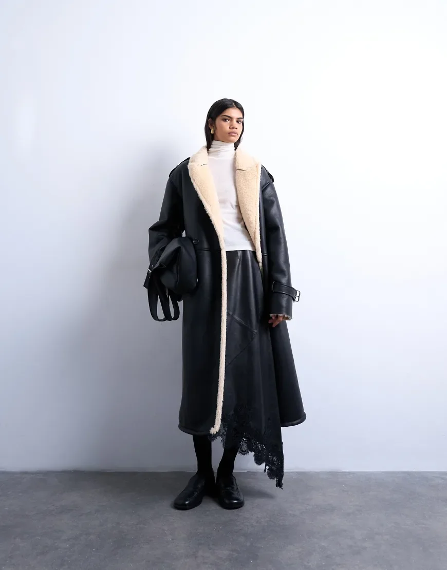 Topshop longline oversized aviator borg coat in black and cream