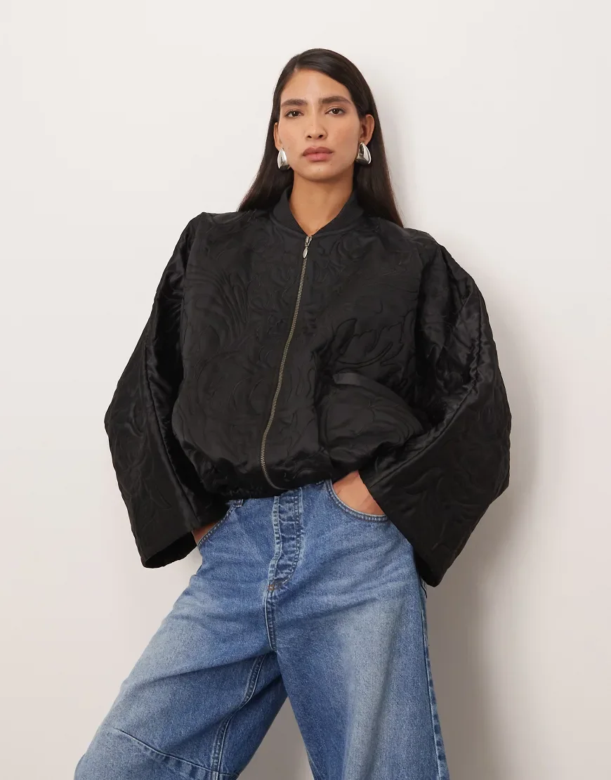 ARRANGE floral quilted bomber jacket in black