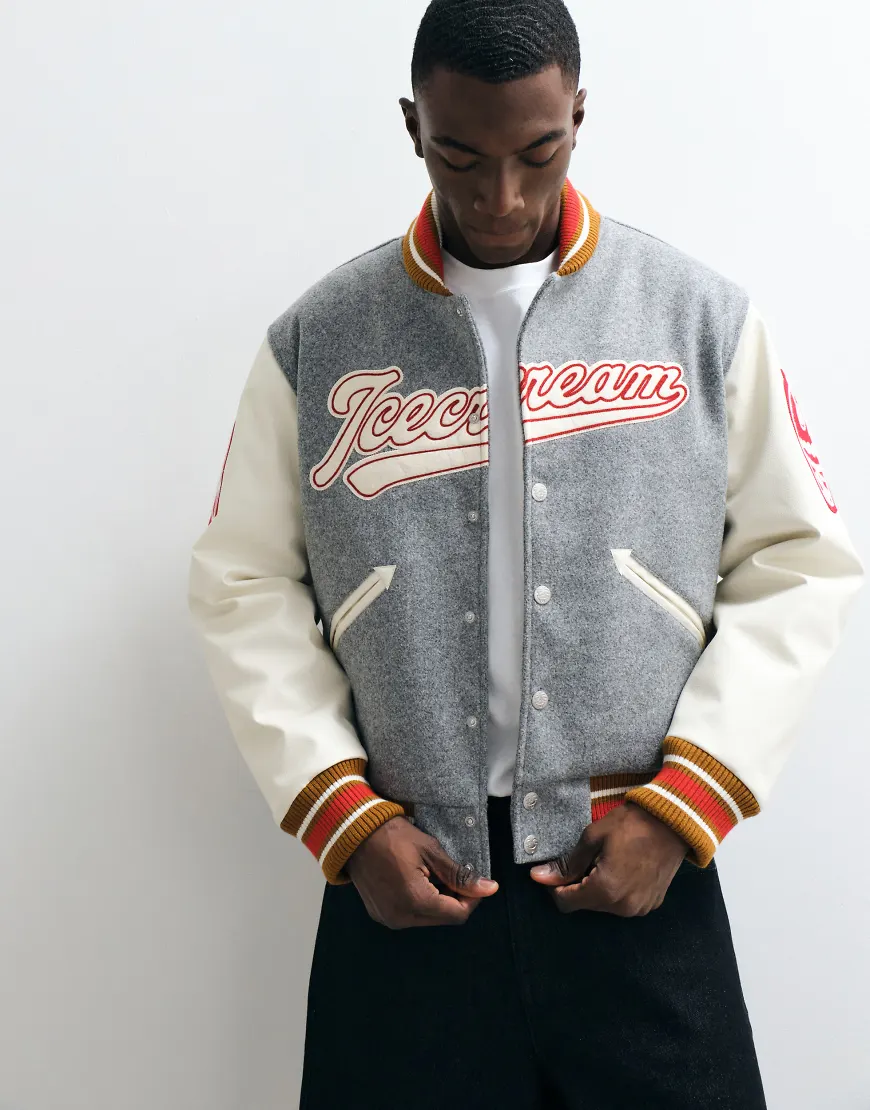ICECREAM collegiate varsity jacket in grey and white