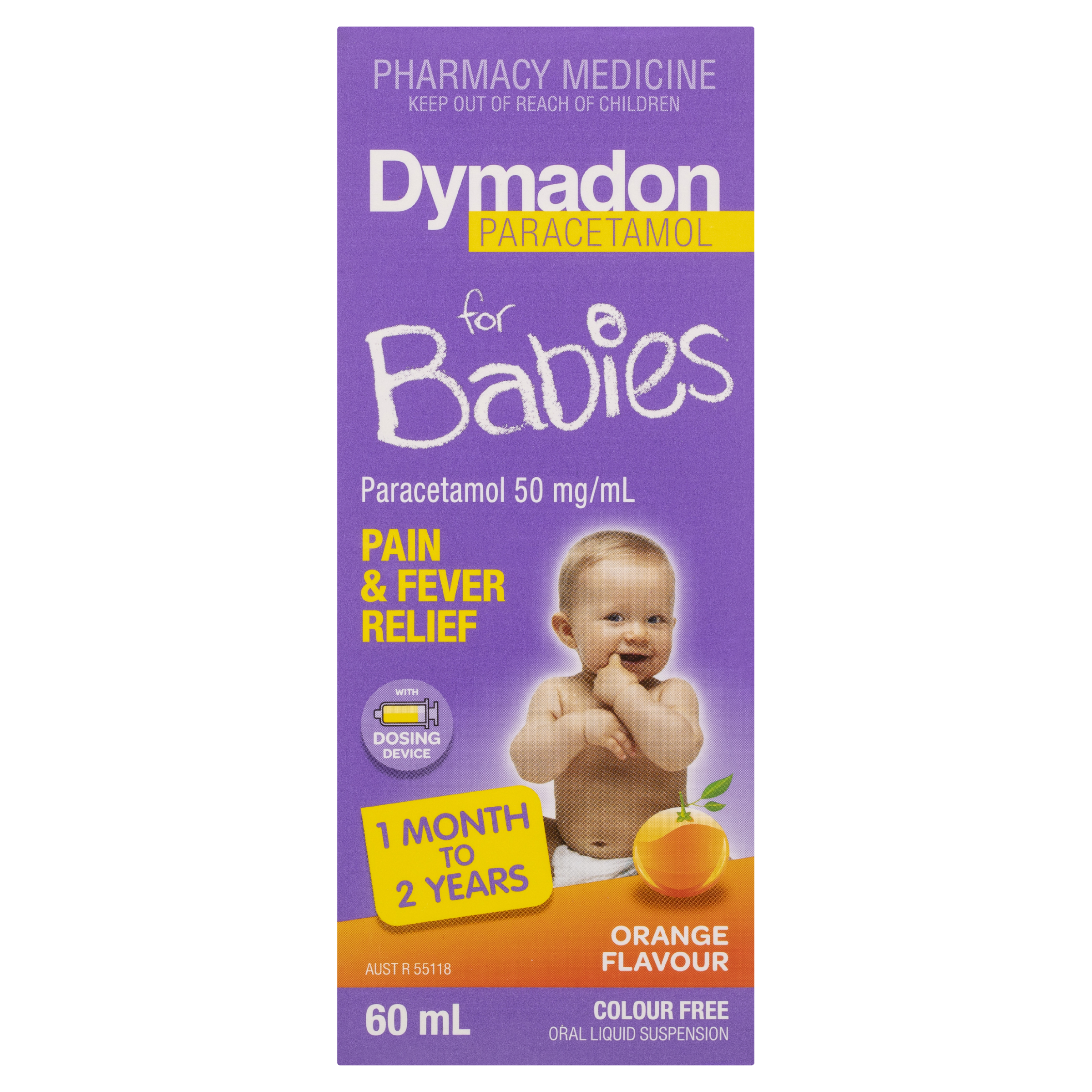 Dymadon Paracetamol For Babies 1 Month-2 Years Orange 60ml