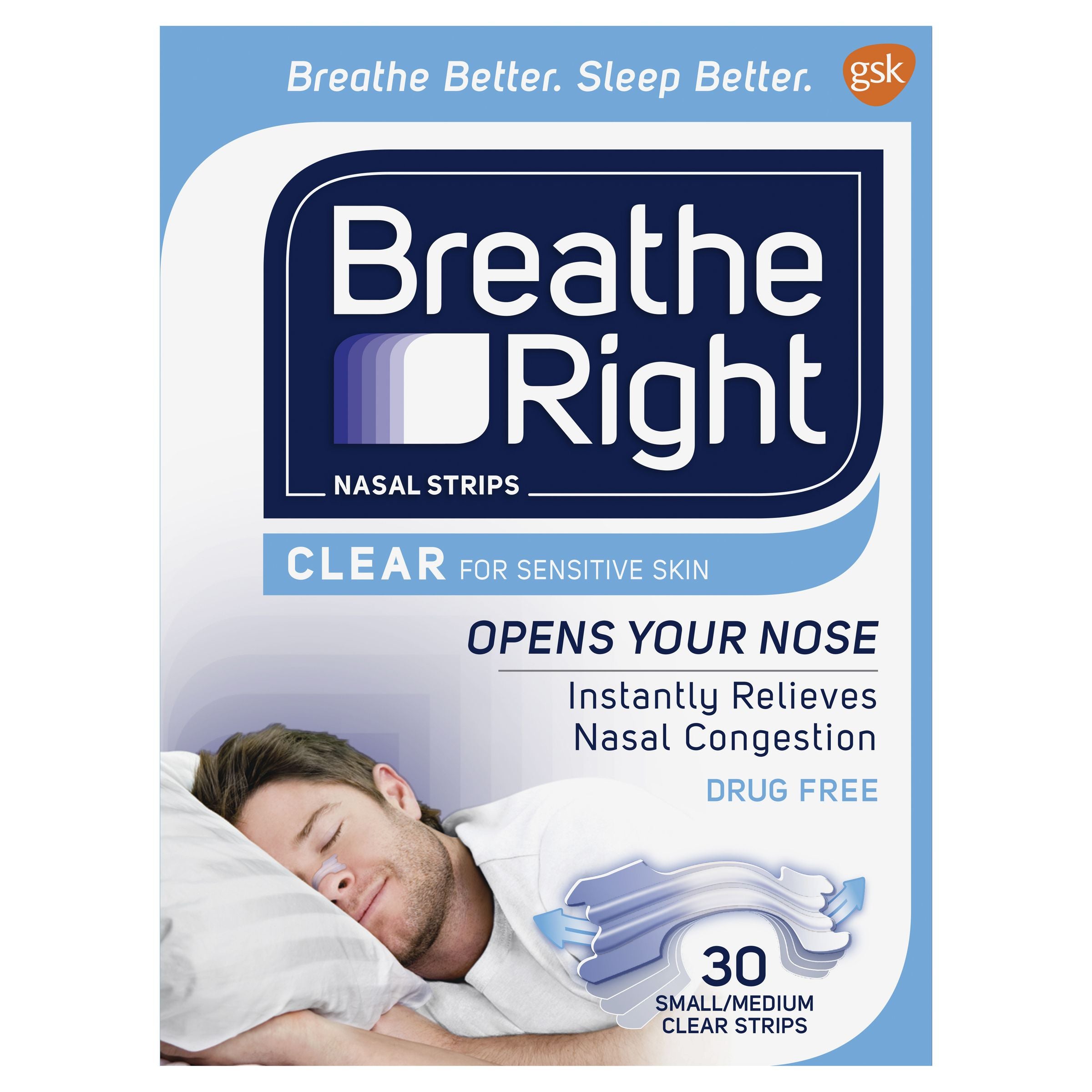Breathe Right Nasal Strips Clear for Sensitive Skin Small/Medium 30 Pack