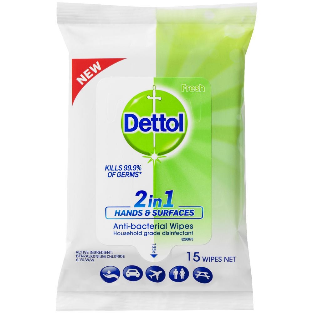 Dettol Antibacterial 2 in 1 Hands and Surface Wipes 15pk