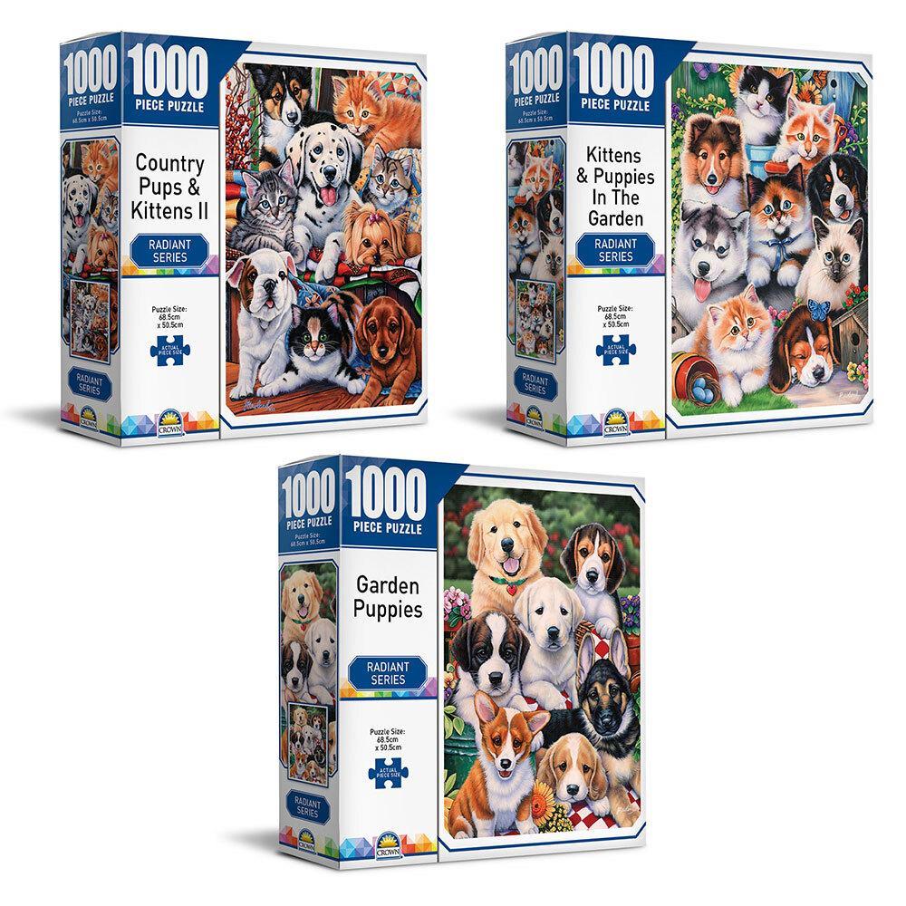 3x 1000pc Crown Radiant Garden Puppies/Kittens 68.5cm Jigsaw Puzzles Toy 8+ Kids