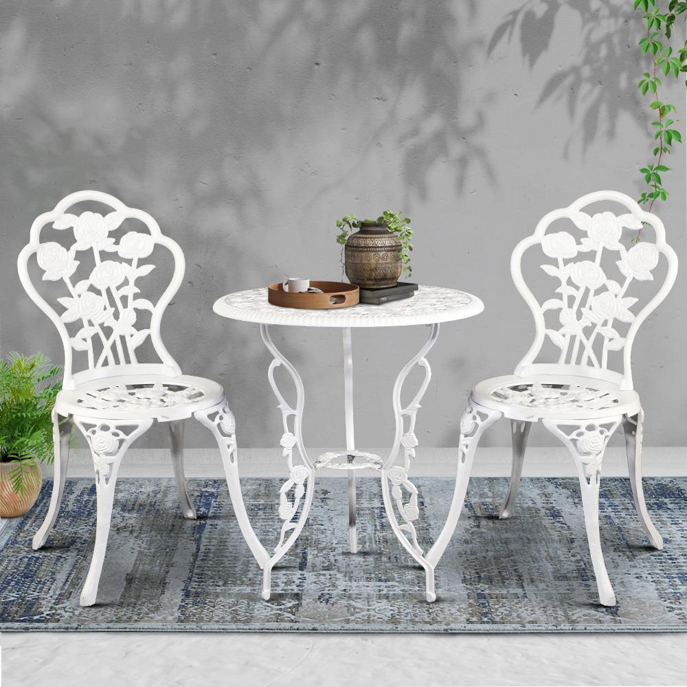 Gardeon 3PC Outdoor Setting Bistro Set Chairs Table Cast Aluminum Patio Furniture Rose White