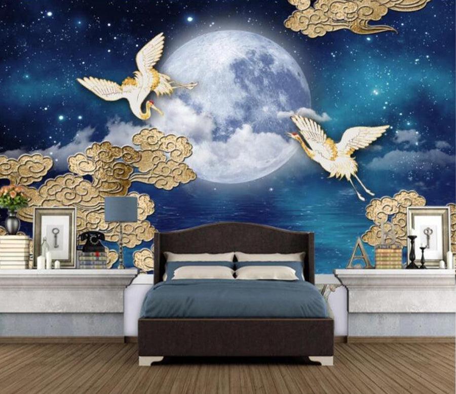 3D Moon Flying Crane WC2707 Wall Murals Wallpaper Murals Woven paper (need glue), XL 208cm x 146cm (WxH)(82''x58'')