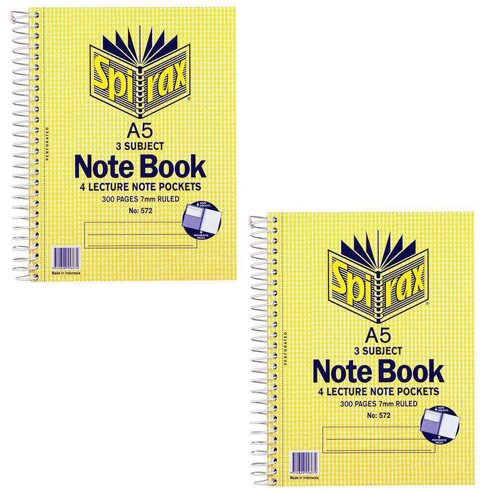 2x Spirax No.572 A5 3 Subject School/Uni 300 Pages Notebook 21cm w/ Note Pockets