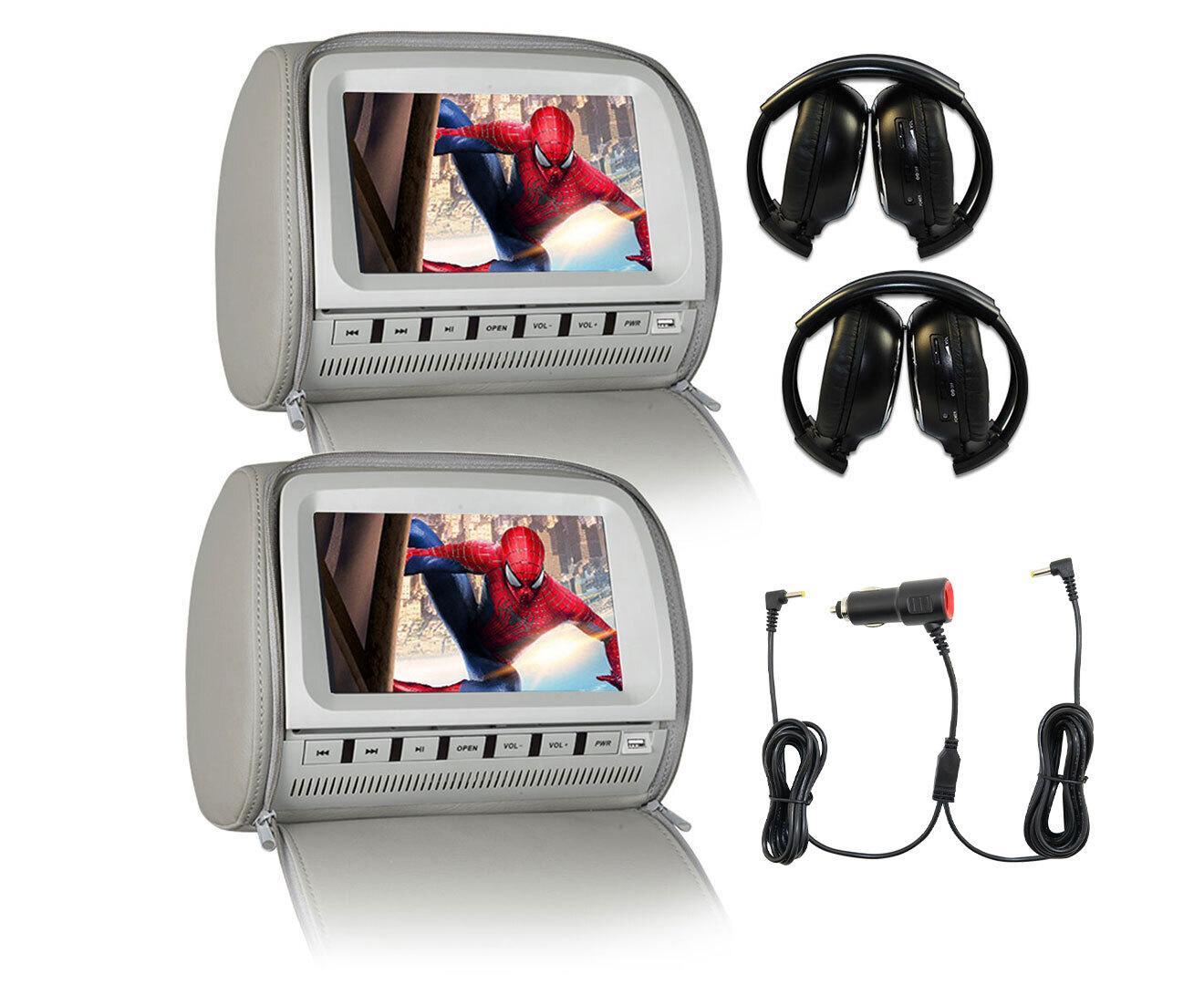 Elinz 2x 9" Headrest DVD Player Car Monitor Pillow Games 1080P USB Sony Lens GREY