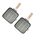 SOGA 2X 24cm Ribbed Cast Iron Square Steak Frying Grill Skillet Pan with Folding Wooden Handle