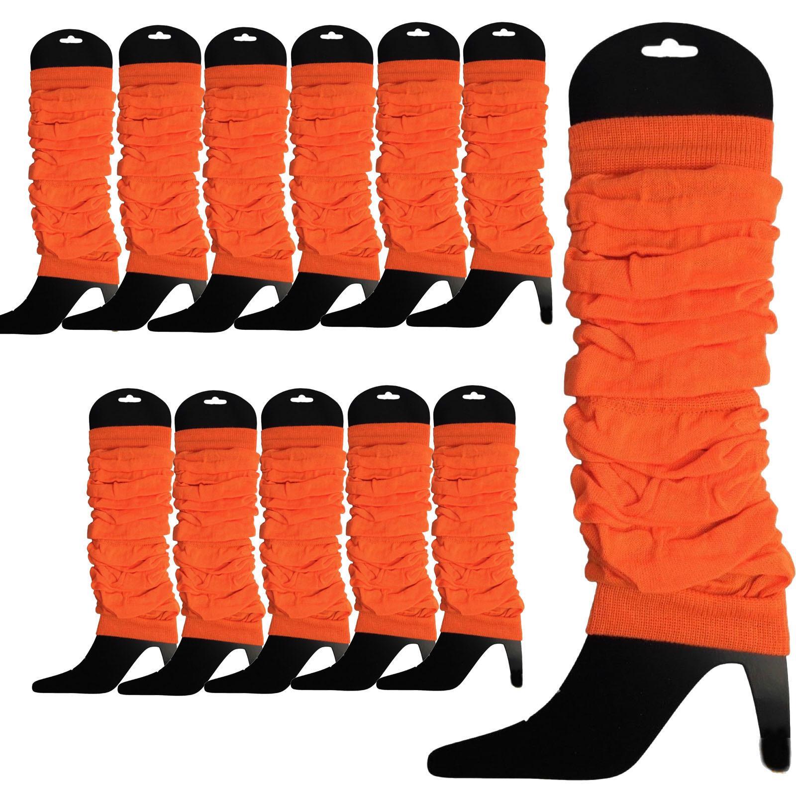 12 LEG WARMERS Knitted Womens Neon Party Knit Ankle Fluro Dance Costume 80s BULK - Fluro Orange