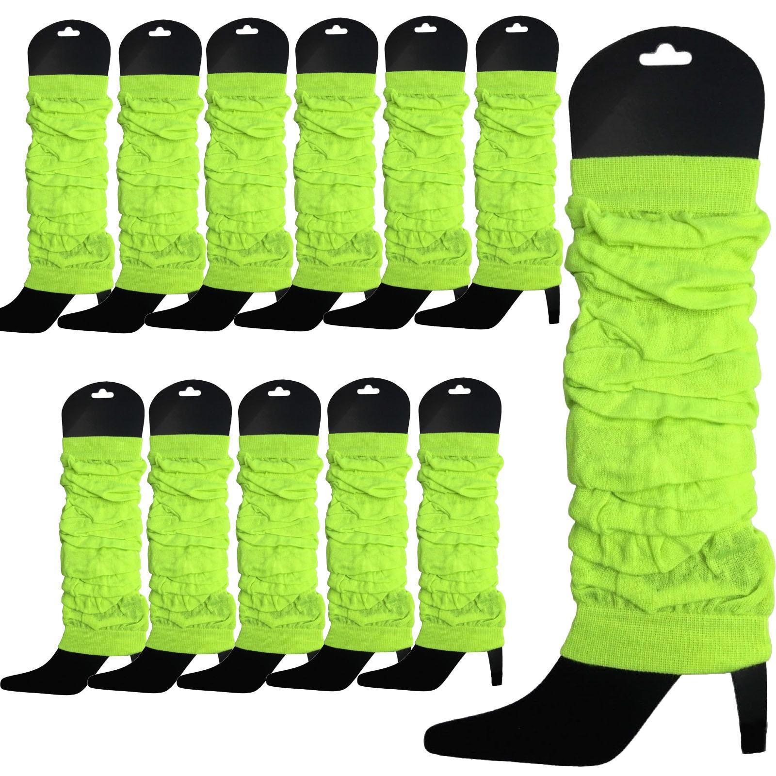 12 LEG WARMERS Knitted Womens Neon Party Knit Ankle Fluro Dance Costume 80s BULK - Fluro Yellow