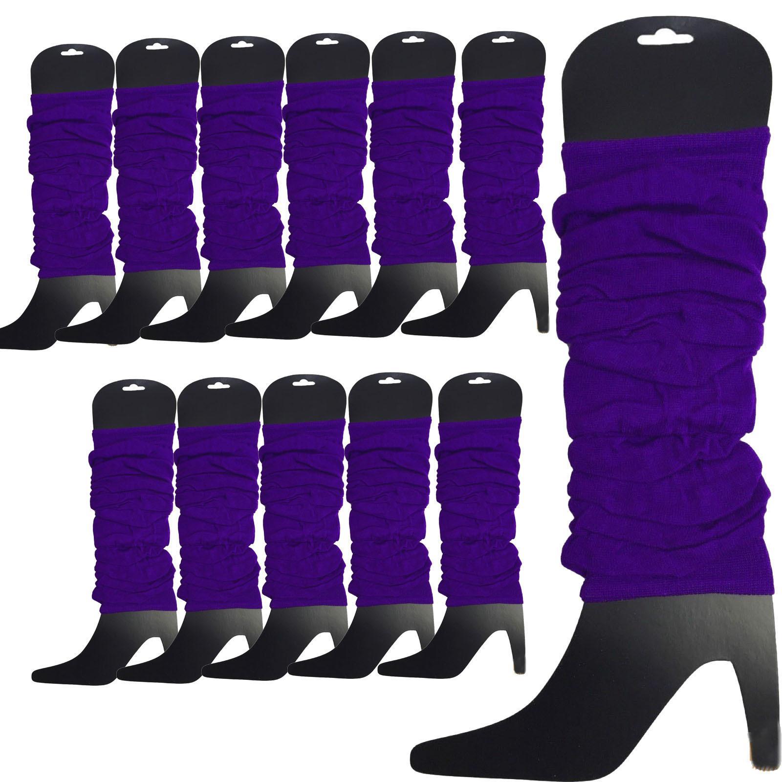 12 LEG WARMERS Knitted Womens Neon Party Knit Ankle Fluro Dance Costume 80s BULK - Purple