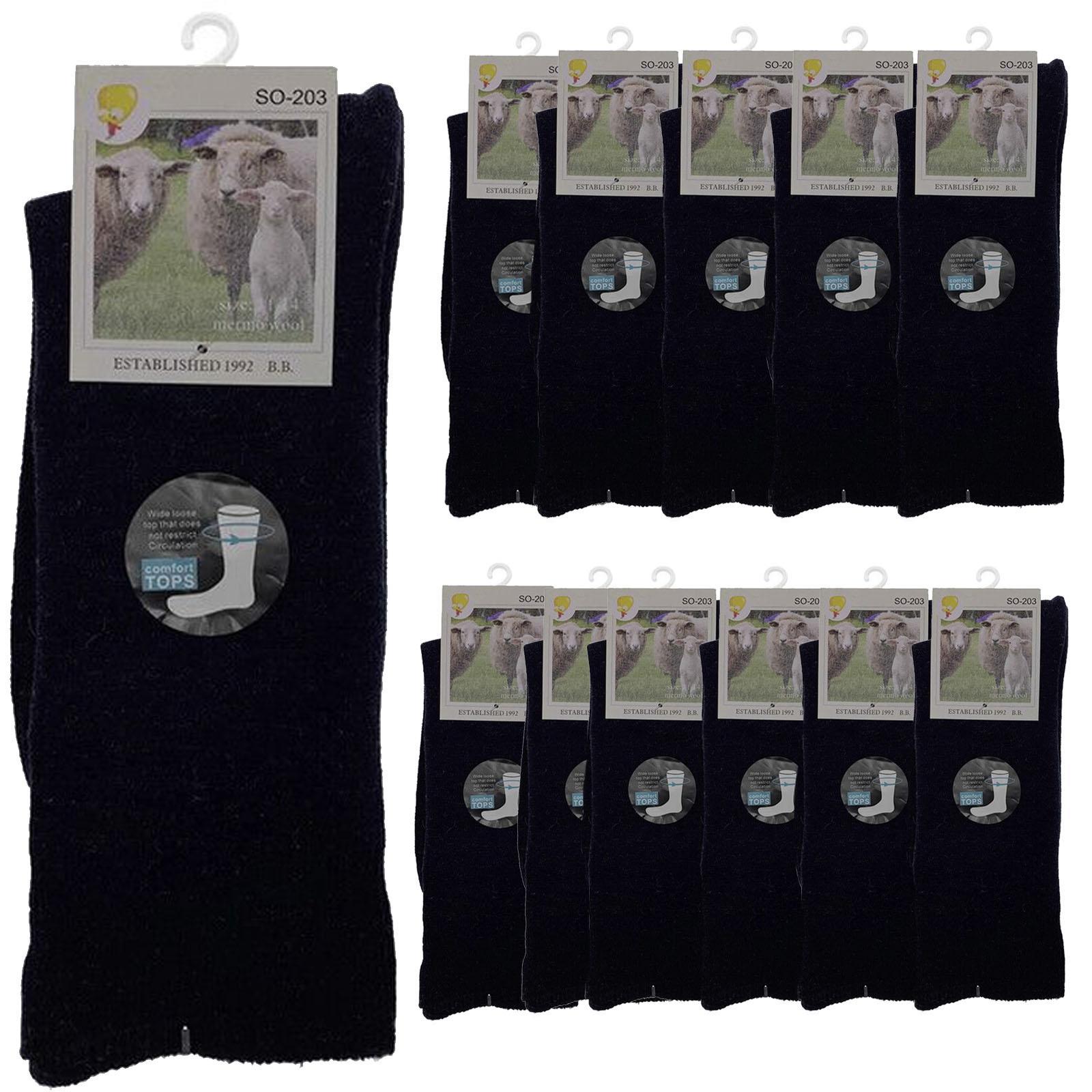 Merino Wool Mens Loose Top Thermal Socks Diabetic Comfort Circulation - 12 Pairs - Navy - 2-8