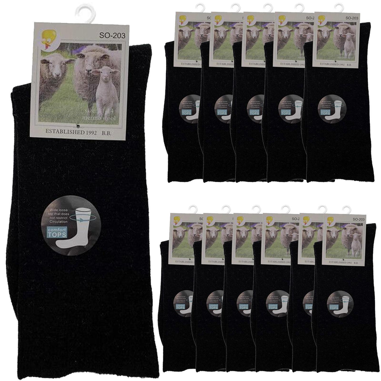 Merino Wool Mens Loose Top Thermal Socks Diabetic Comfort Circulation - 12 Pairs - Black - 2-8