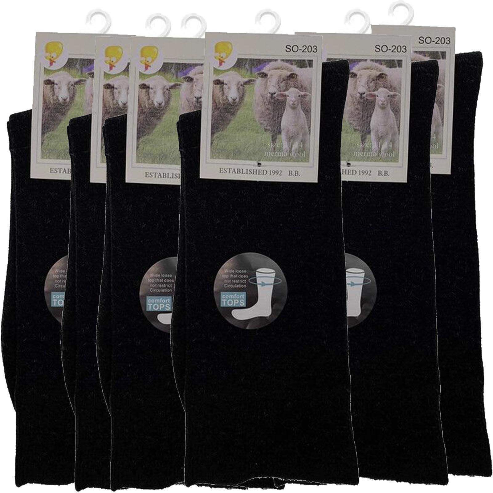 Merino Wool Mens Loose Top Thermal Socks Diabetic Comfort Circulation - 6 Pairs - Black - 2-8