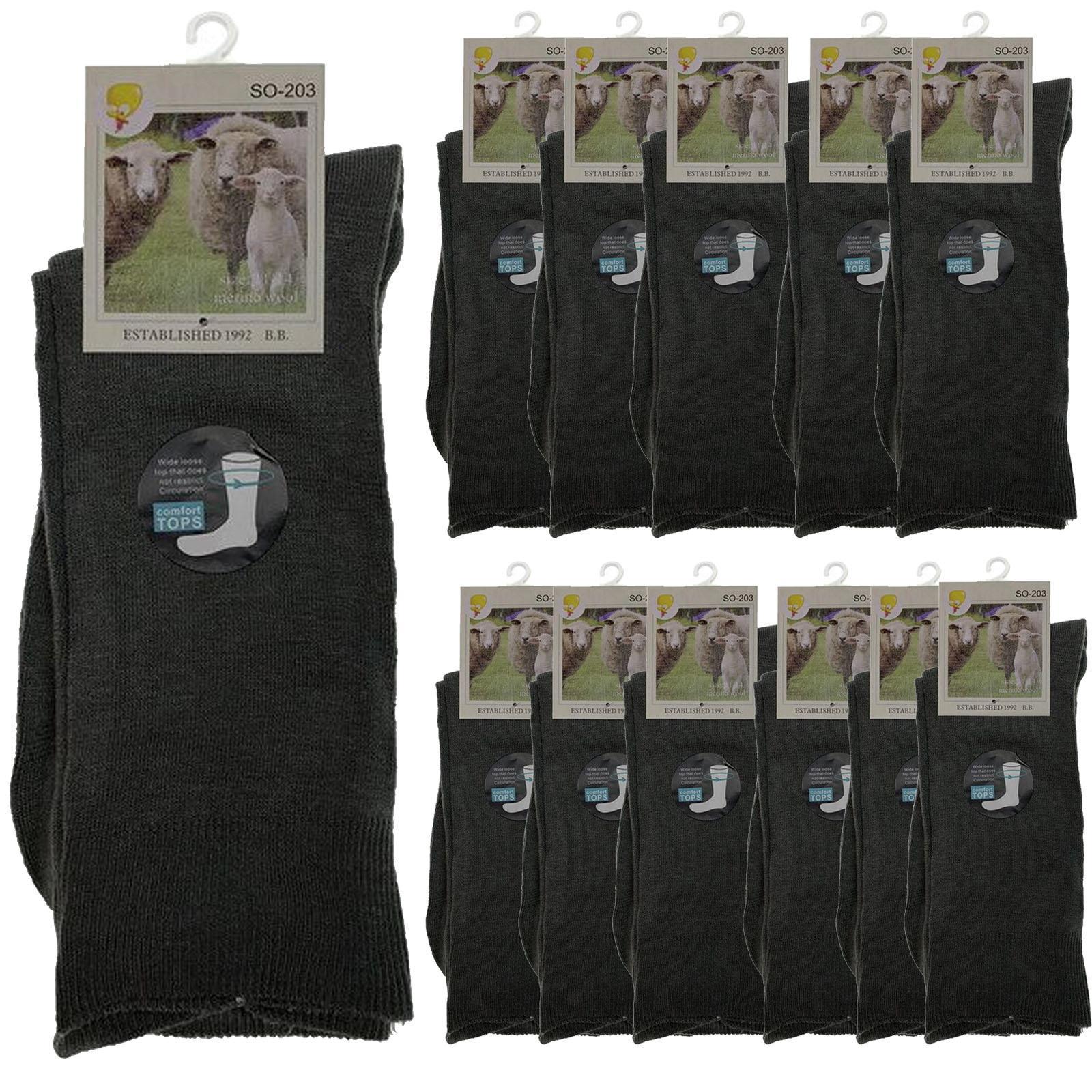 Merino Wool Mens Loose Top Thermal Socks Diabetic Comfort Circulation - 12 Pairs - Grey - 2-8