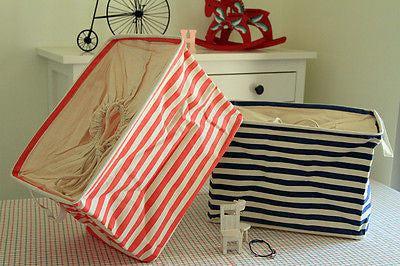 Navy Canvas Zakka Vintage Drawstring Storage Laundry Shopping Basket Fold Bin