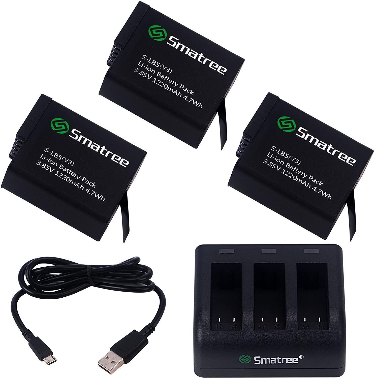 Smatree Battery (3-Pack) with 3-Channel Charger for Gopro Hero 7/6/5 Black/Hero2018 (Compatible with all newest firmware)