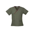 Contrast Womens V-Neck Scrubs Top Ladies Hospital Dentist Nurse Uniform - Sage/Maroon - 3XL