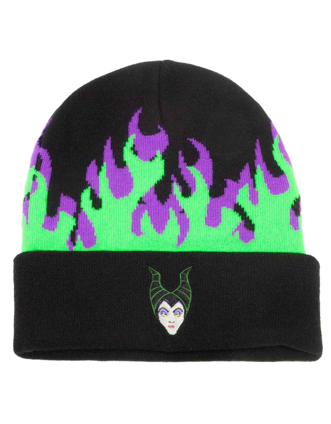 Maleficent Beanie Hat Flames Logo Roll Up new Official Disney Black One Size
