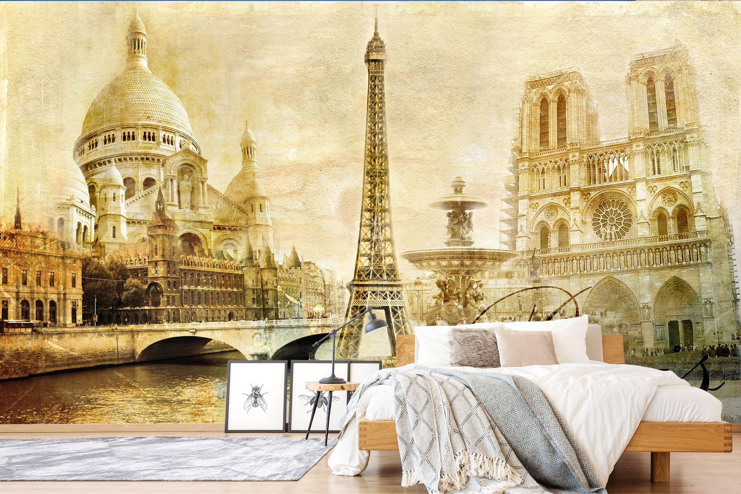3D Home Wallpaper Yellow Retro Paris Tower 054 ACH Wall Murals Self-adhesive Vinyl, XL 208cm x 146cm (WxH)(82''x58'')