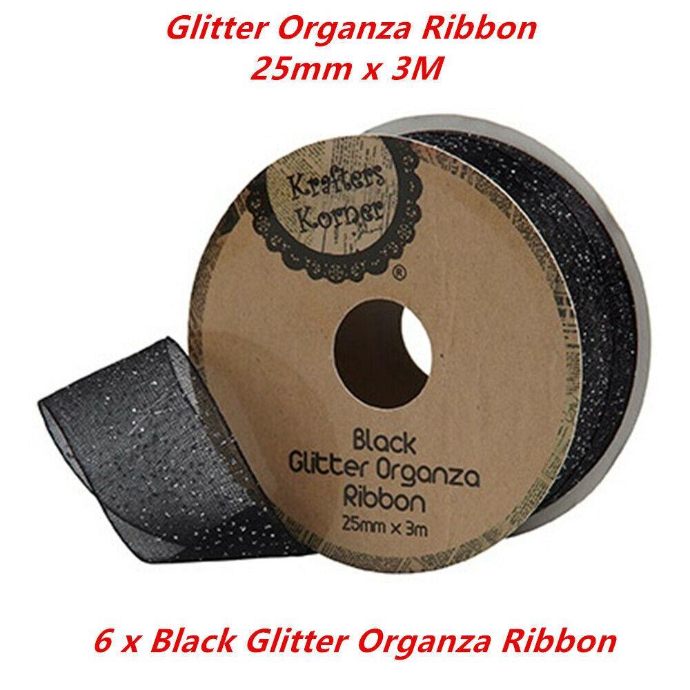 6 x Organza Glitter Ribbon Roll BLACK 25mm x 5M Sheer Transparent Metallic