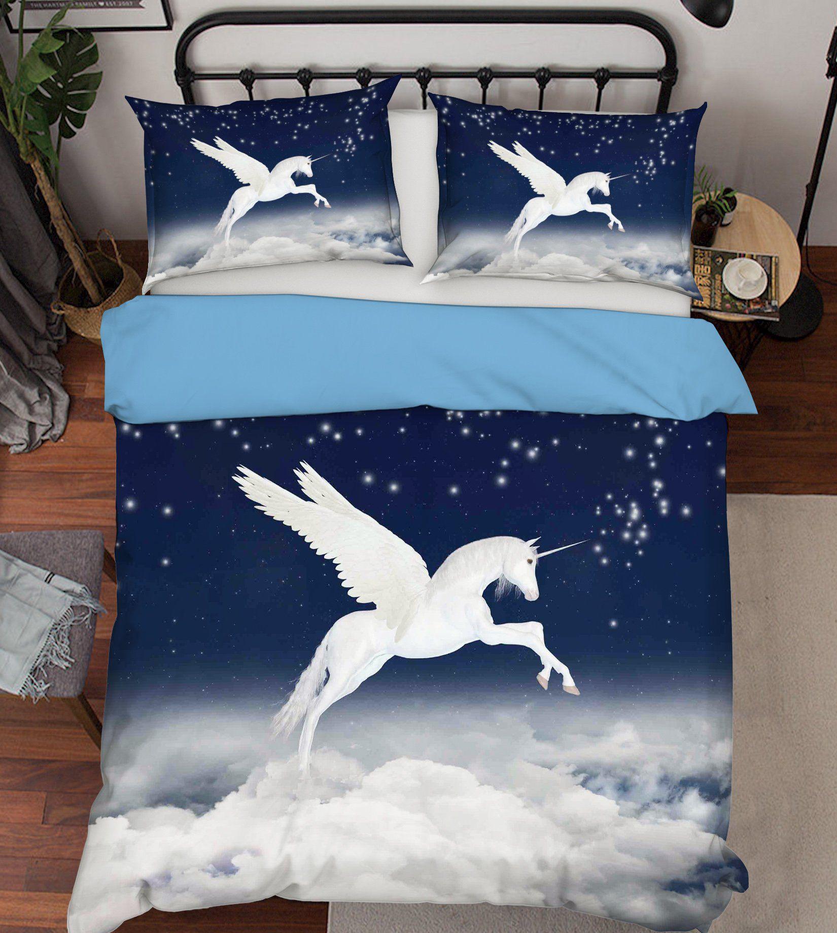 3D Bedding Sheet Flying White Clouds Unicorn 042 Quilt Cover Set Bedding Set Pillowcases 3D Duvet cover