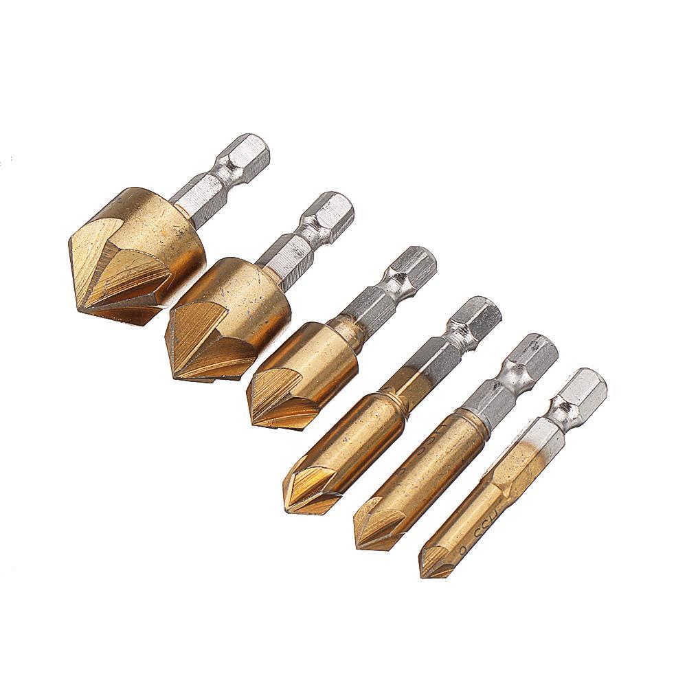 6-19mm Countersink Drill Bit with Automatic Center Pin Punch 5 Flutes Hex Shank Titanium Coated Chamfer Cutter Set