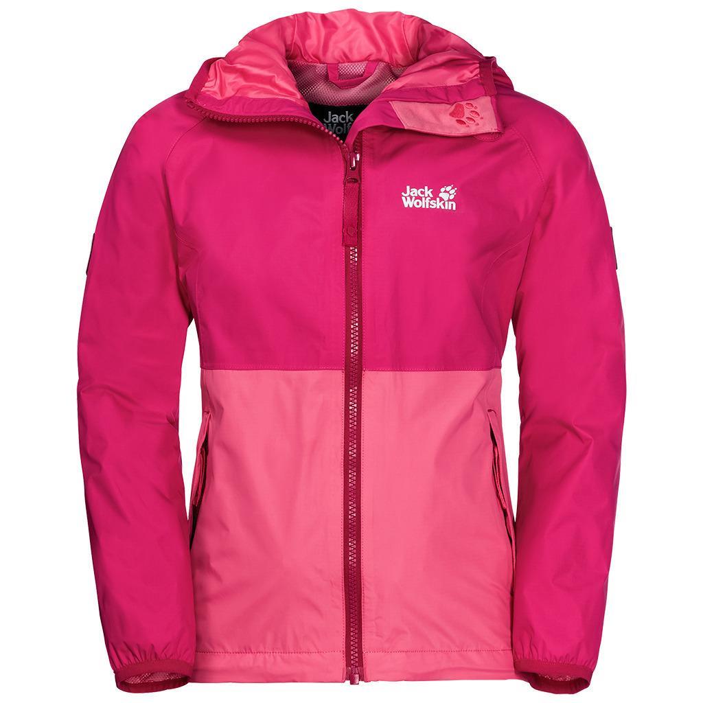 Jack Wolfskin Rainy Day Girls Jacket Pockets High-vis Waterproof Hooded Zip Kids - Tropic Pink - 116