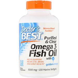 Doctor's Best, Purified & Clear Omega 3 Fish Oil with Goldenomega, 1,000 mg, 120 Marine Softgels