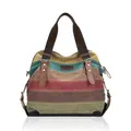 Women Casual Stripe Canvas Handbag Micro-Fibric Leather Shoulder Bag Contrast Crossbody Bags