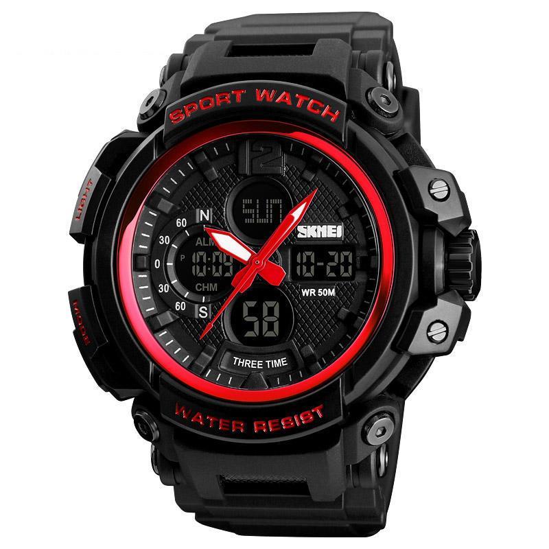 1343 Digital Watch Dual Display Chronograph 3 Time Waterproof Alarm Digital Quartz Wrist Watch REDBLACK COLOR