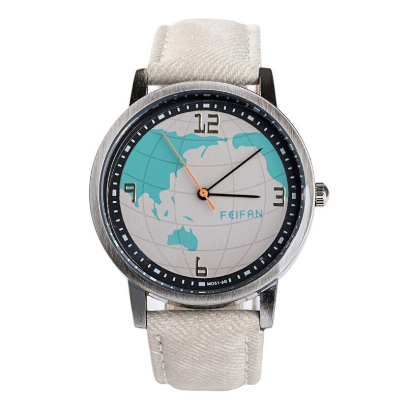 Fashion Earth Map Design Bronze Round Case Fabric Quartz Watch BEIGE COLOR