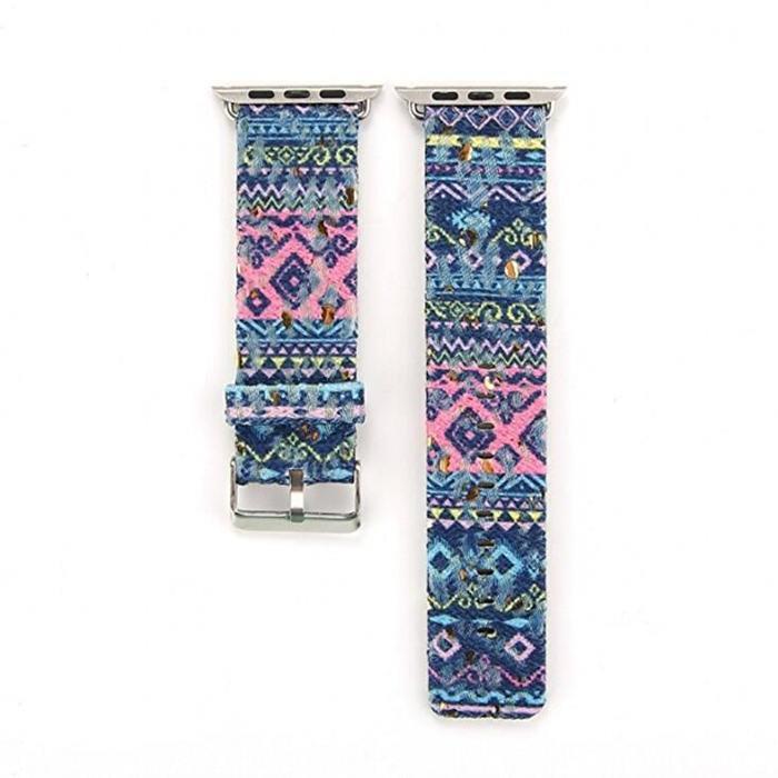 For Apple Watch 38mm Ethnic Style Retro Canvas + Genuine Leather Wrist Watch Band
