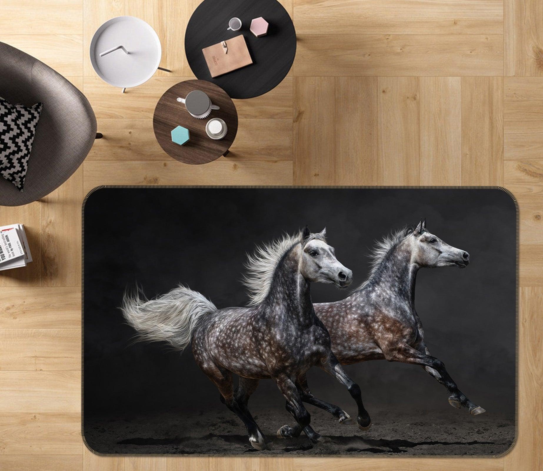 3D Two Black Gray Horses 30131 Non Slip Rug Mat