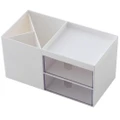 Desktop Storage Box Pen Holder with 2 Drawers Stationery Cosmetics Makeup Brushes Holder Sundries Organizer Office Home School Supplies WHITE