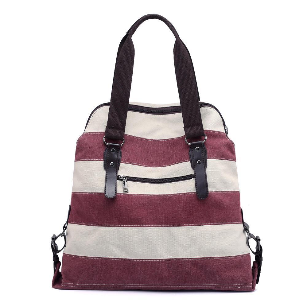 Women Striped Canvas Handbag Vintage Summer Beach Bag Purple Colour